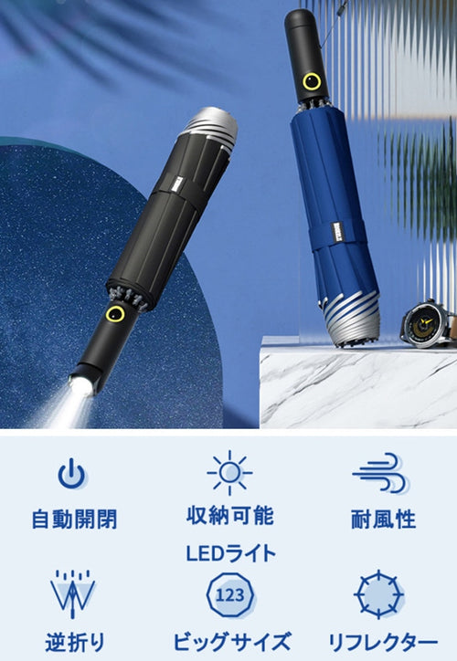 123cmのワイドサイズ!濡らさない、収納&角度調整可能なライト付き折りたたみ傘