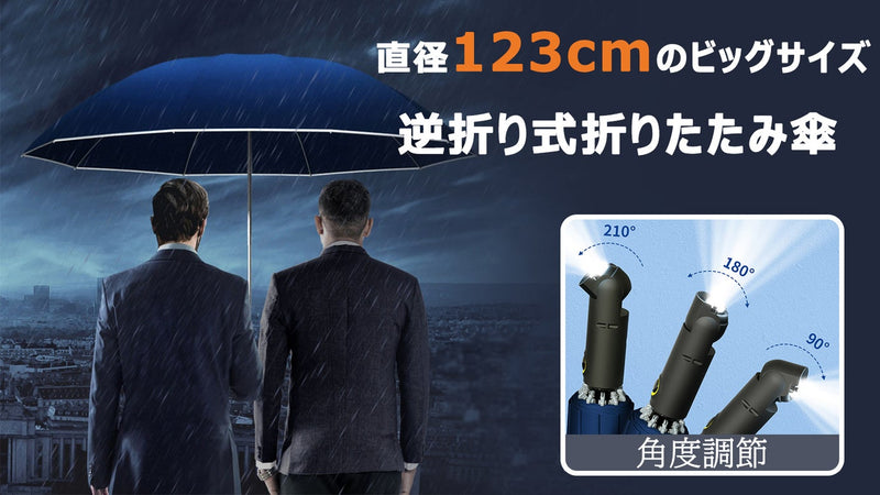 123cmのワイドサイズ！濡らさない、収納＆角度調整可能なライト付き折りたたみ傘