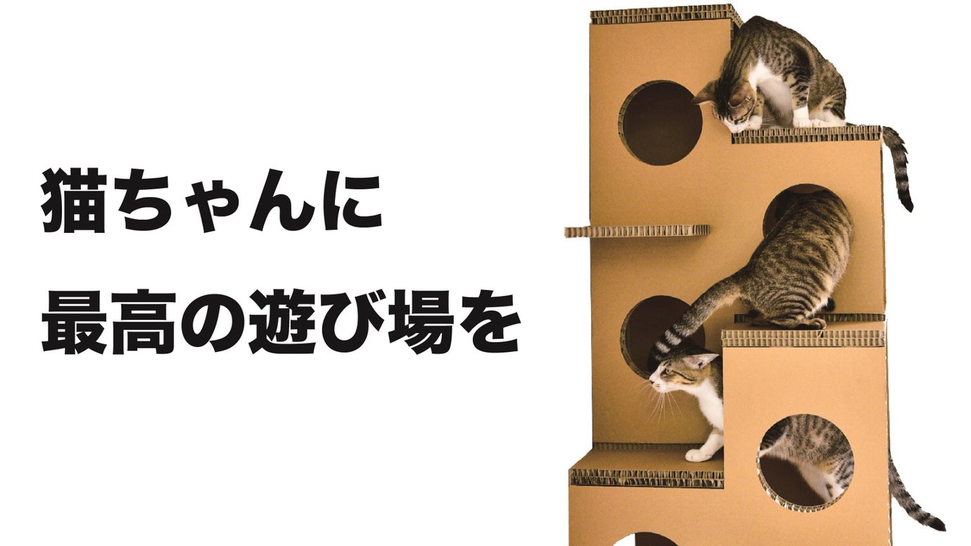 紙製ハニカムパネルで実現！猫が自由自在に遊べるキャットタワー「にゃんぐるタワー」