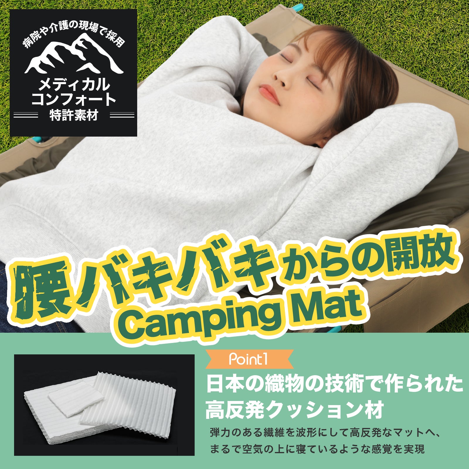 キャンプに最高の寝心地を！医療現場採用の特許クッション材を使用した「メディカルキャンプマット」１枚