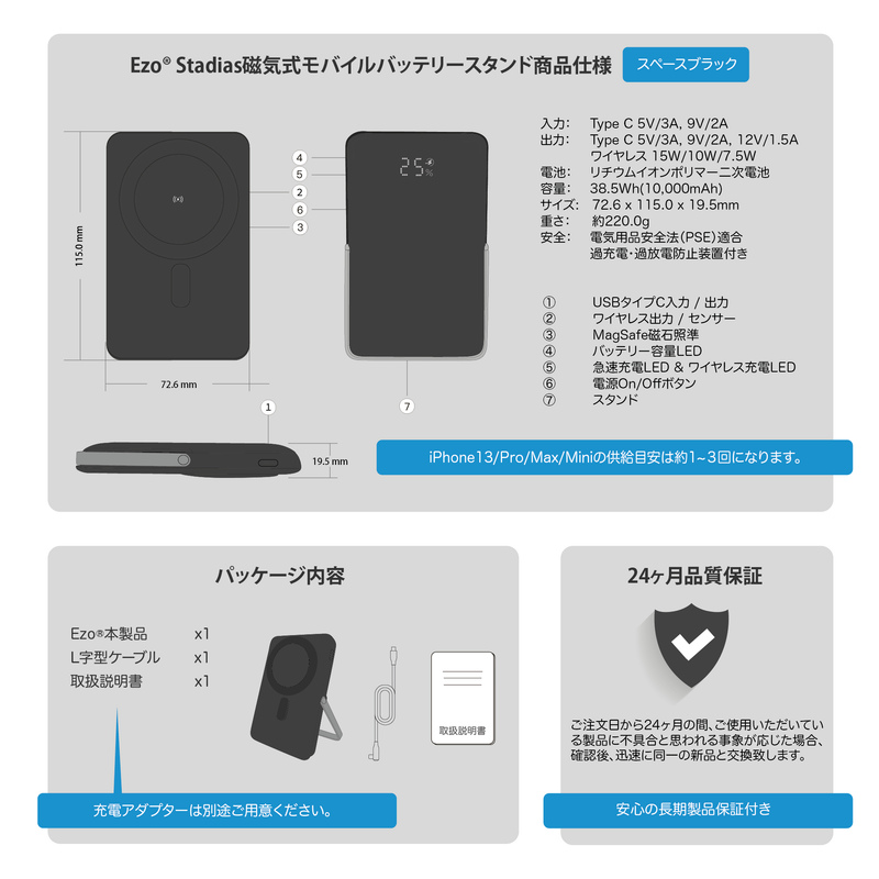 EZO Brick Series Stadias スタンド付きマグネット式ワイヤレスモバイルバッテリー 10000mAh