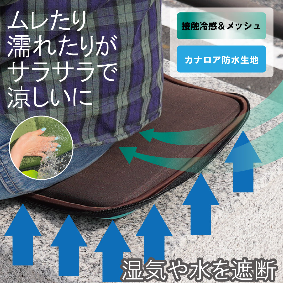 お出かけ先でも蒸れず、快適に。ポーチのように持ち運べる、冷涼ミニクッション【マリン・ブルー】
