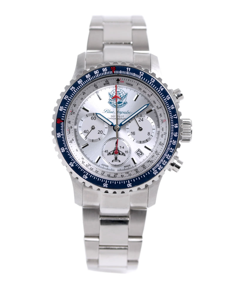 ブルーインパルス×日本製パイロットクロノグラフ腕時計！メンズウォッチ シルバー【空を翔ける航空用回転計算尺】