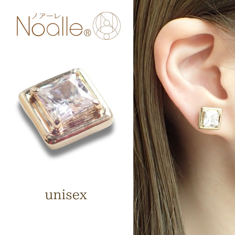Ｎoalleノアーレ　マグネット式　ノンホールピアス　【片耳】　四角ゴールド×クリアー　【本体/付属品シートセット】