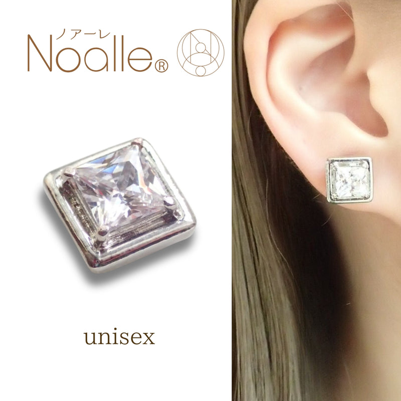 Ｎoalleノアーレ　マグネット式　ノンホールピアス　【片耳】　四角シルバー×クリアー　【本体/付属品シートセット】