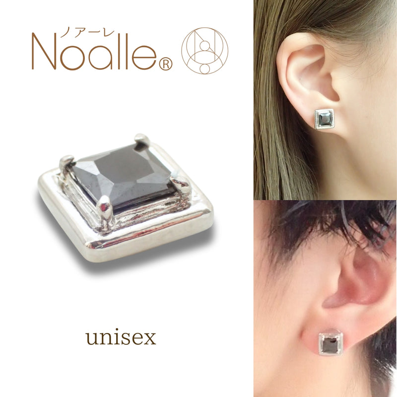 Ｎoalleノアーレ　マグネット式　ノンホールピアス　【片耳】　四角シルバー×ブラック　【本体/付属品シートセット】