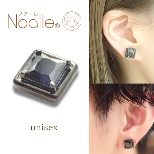 Ｎoalleノアーレ　マグネット式　ノンホールピアス　【片耳】　四角ブラック×ブラック　【本体/付属品シートセット】