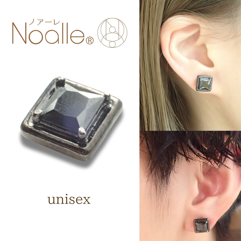 Ｎoalleノアーレ　マグネット式　ノンホールピアス　【片耳】　四角ブラック×ブラック　【本体/付属品シートセット】