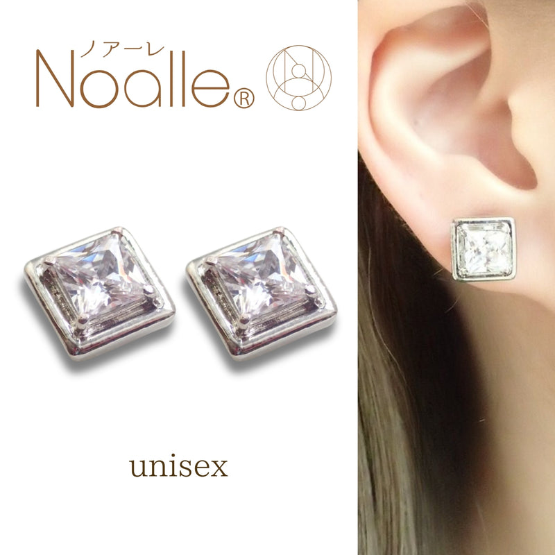 Ｎoalleノアーレ　マグネット式　ノンホールピアス　【両耳飾りのみ】　四角シルバー×クリアー