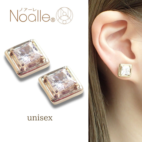 Ｎoalleノアーレ　マグネット式　ノンホールピアス　【両耳飾りのみ】　四角ゴールドー×クリアー