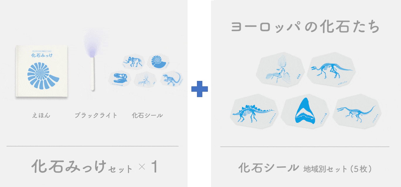 化石みっけセット + 化石シール地域別セット（ﾖｰﾛｯﾊﾟの化石たち）