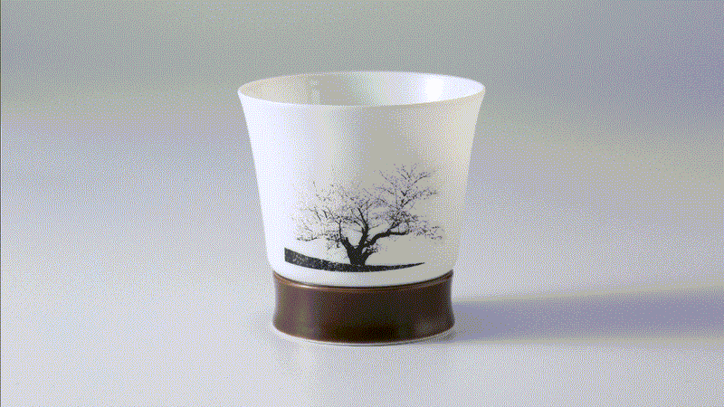 【有田焼】冷水を注ぐとダブル満開桜、超薄型磁器パールシェルグラスのミニグラス